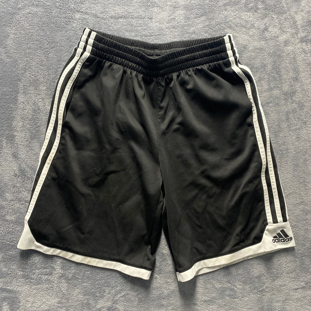 Adidas Shorts Youth Boys‎ Medium 10/12 Black White 3-Stripe Mesh Athletic